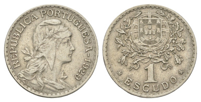 Португалия 1 эскудо 1929 голова Свободы вправо KM 578 никель латунь 4660-343