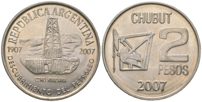 Аргентина 2 песо 2007 100 лет нахождению нефти в Аргентине KM 145 медно-никель UNC 4157-812