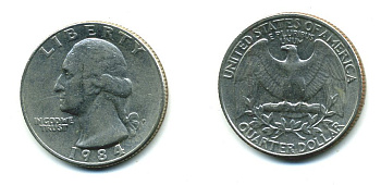 США 25 центов (квотер) 1984 P, Вашингтон KM А164а медь плакированная медно-никелем 59-2012