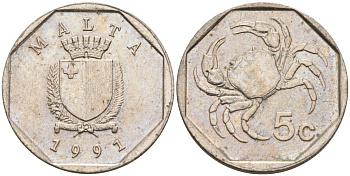 Мальта 5 центов 1991 краб KM 95 медно-никель 4588-117