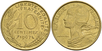 Франция 10 сантимов 1967 KM 929 алюминиевая бронза 4152-435