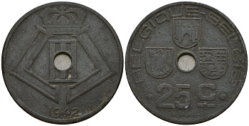 Бельгия 25 сантимов 1942 Belgique - Belgie KM 131 цинк 33-1157