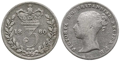 Великобритания 3 пенса 1860 Виктория (1837-1901) KM 730, Spink 3914 серебро  1518-1211