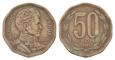 Чили 50 песо 1992 Бернардо О’Хиггинс KM 219 алюминиевая бронза 4663-413