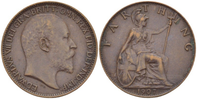 Великобритания 1 фартинг 1907 Эдуард VII (1901-1910), KM 792, Spink 3992 бронза 4543-957