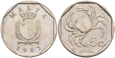 Мальта 5 центов 1991 краб KM 95 медно-никель 4588-117