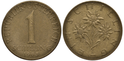 АВСТРИЯ 1 ШИЛЛИНГ 1963 KM 2886 алюминиевая бронза 4182-324