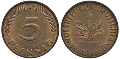 ФРГ 5 ПФЕННИГОВ 1966 J KM 107, Jager 382 сталь плакированная латунью 4547-738