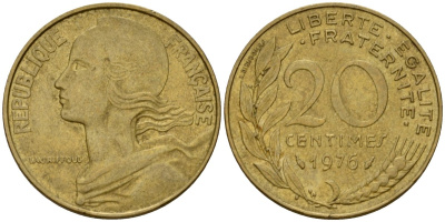 Франция 20 сантимов 1976 тип Marianne KM 930 алюминиевая бронза 4393-125