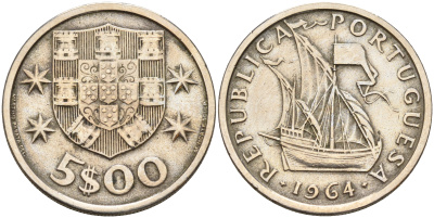 Португалия 5 эскудо 1964 парусник KM 591 медно-никель    4161-753