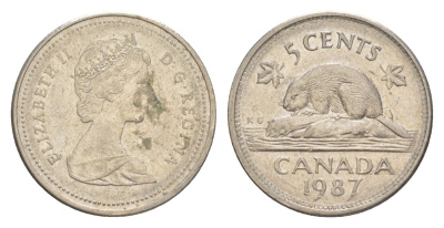 Канада 5 центов 1987 Елизавета II (1952-2022), бобр KM 60.2a медно-никель 4630-736