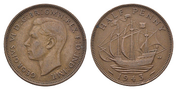 Великобритания 1/2 пенни 1943 Георг VI (1936-1952) KM 844, Spink 4115 бронза 4662-1053