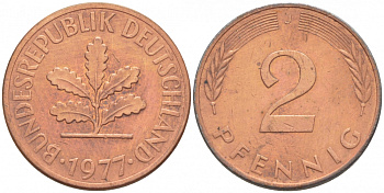 ФРГ 2 пфеннига 1977 J KM 106а, J.381а сталь плакированная медью 4396-1568