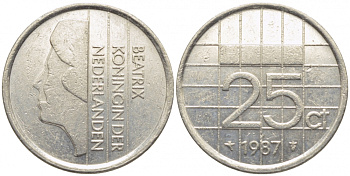 НИДЕРЛАНДЫ 25 ЦЕНТОВ 1987 БЕАТРИКС KM 204 никель 112-325