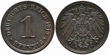 ГЕРМАНИЯ 1 ПФЕННИГ 1913 А KM 10, J. 10 медь 112-123