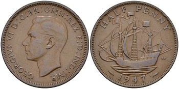 Великобритания 1/2 пенни 1947 Георг VI (1936-1952) KM 844, Spink 4115 бронза 4153-832