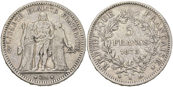 Франция 5 франков 1873 K, Геркулес KM 820 серебро 1066-2-51