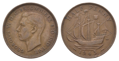 Великобритания 1/2 пенни 1943 Георг VI (1936-1952) KM 844, Spink 4115 бронза 4662-1053