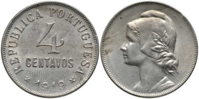 ПОРТУГАЛИЯ 4 СЕНТАВО 1919 РЕСПУБЛИКА, ГОЛОВА СВОБОДЫ ВЛЕВО КМ 566 медно-никель 202-315