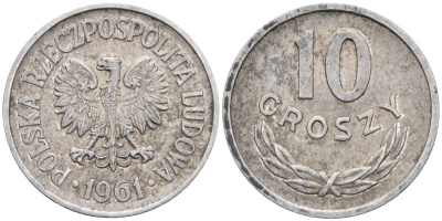 Польша 10 грошей 1961 Народная Республика KM АА47, Parchimowicz 206a алюминий 4580-569