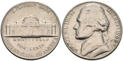 США 5 центов 1968 D, Джефферсон KM А192 медно-никель 92-1141