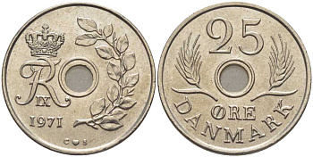 ДАНИЯ 25 ЭРЕ 1971 С;S, ФРЕДЕРИК IX (1947-1972) KM 855.1 медно-никель 202-741