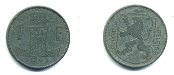 БЕЛЬГИЯ 1 ФРАНК 1943 BELGIQUE-BELGIE KM 127 цинк 25-417