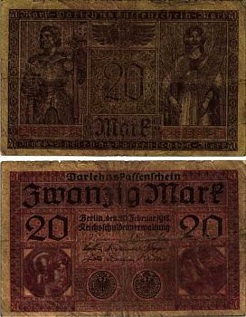 ГЕРМАНИЯ 20 МАРОК 1918 20 ФЕВРАЛЯ 1918, СЕРИЯ C, КРАСНАЯ, МИНЕРВА И МЕРКУРИЙ Pick 57, Rosenberg 55 бумага 7191-17-3-1