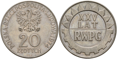 Польша 20 злотых 1974 MW, 25 лет Совету экономической взаимопомощи KM 70, Parchimowicz 247 медно-никель 4157-944