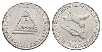 Никарагуа 25 сентаво 1994 голубь мира KM 82 хромированная сталь 4623-1228