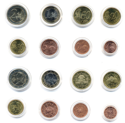 АВСТРИЯ ЕВРОНАБОР ИЗ 8 МОНЕТ 2002 В КАПСУЛАХ биметалл UNC 06-081-23