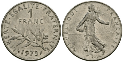 Франция 1 франк 1975 сеятель KM 925 никель 4135-844