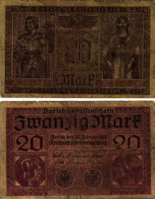 ГЕРМАНИЯ 20 МАРОК 1918 20 ФЕВРАЛЯ 1918, СЕРИЯ C, КРАСНАЯ, МИНЕРВА И МЕРКУРИЙ Pick 57, Rosenberg 55 бумага 7191-17-3-1