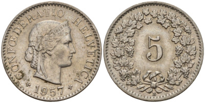 Швейцария 5 раппенов 1957 B KM 26 медно-никель 4189-329