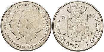 Нидерланды 1 гульден 1980 на коронацию Беатрикс, 30 апреля 1980 KM 200 никель 31-846