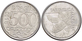 Бразилия 500 крузейро 1993 морская черепаха KM 624 нержавеющая сталь 26-561