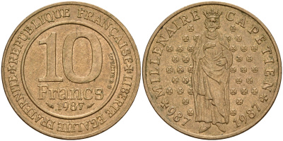 Франция 10 франков 1987 1000 лет первому королю Франции Гуго Капету KM 961 d, Le Franc 371.2 никелированная бронза    4601-924