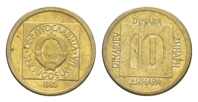 Югославия 10 динаров 1989 KM 131 латунь 211-549
