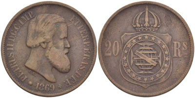 Бразилия 20 рейсов 1869 Педро II (1831-1889) KM 474 бронза 4529-443