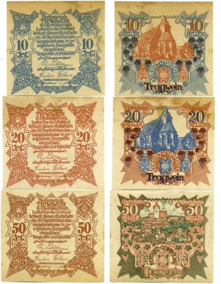 Австрия, Трагвайн набор из 3 банкнот 10, 20, 50 геллеров 1920 4 мая 1920, нотгельд, коммуна в земле Верхняя Австрия   бумага  UNC (пресс) 7555-30-1-2