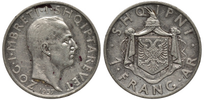 Албания 1 франга ари 1937 R, Ахмет Зогу I (1928-1939) KM 16 серебро 1526-1225