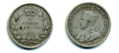 КАНАДА 5 ЦЕНТОВ 1912 ГЕОРГ V серебро 46-531