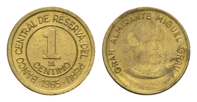 Перу 1 сентимо 1985 год-тип KM 291 латунь UNC 4614-1137