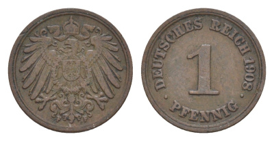Германия 1 пфенниг 1908 F, Вильгельм II (1888-1918) KM 10, J. 10 медь 4639-1136