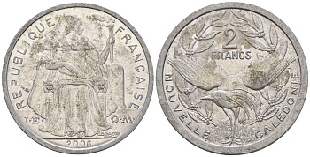 Французская Новая Каледония 2 франка 2006 птица кагу, (IEOM) KM 14, Schoen 11, Lec 68k алюминий    29-116