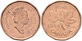 Канада 1 цент 1994 Елизавета II (1952-2022), кленовый лист KM 181 бронза    4147-323
