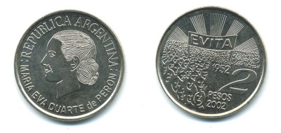 Аргентина 2 песо 2002 Мария Эва Дуарте де Перон KM 135 медно-никель UNC 37-721