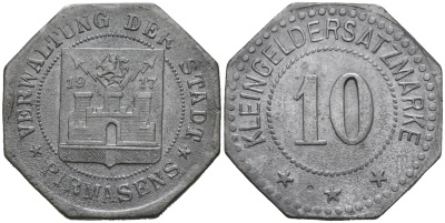 ГЕРМАНИЯ ПФАЛЬЦ ФЕРВАЛЬТУНГ ПИРМАСЕНС 10 ПФЕННИГОВ 1917 КЛЯЙНГЕЛЬД цинк 75-1565