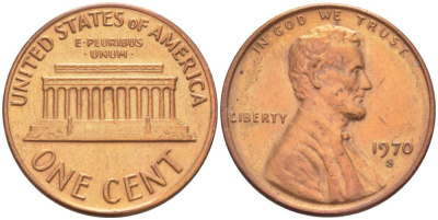 США 1 ЦЕНТ 1970 S, ЛИНКОЛЬН, SMALL DATE KM 201 медь цинк 4519-524