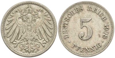 Германия 5 пфеннигов 1908 A KM 11, Jager 12, Weege 6 медно-никель 105-132